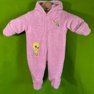 Vtg Baby Girls Pink Looney Tunes Tweety Bird Fleece Hooded Snowsuit 6 9 Months